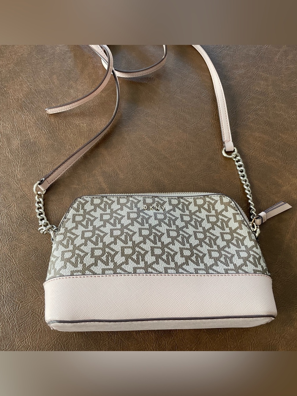 DKNY Beige and Light Pink Logo Crossbody Bag